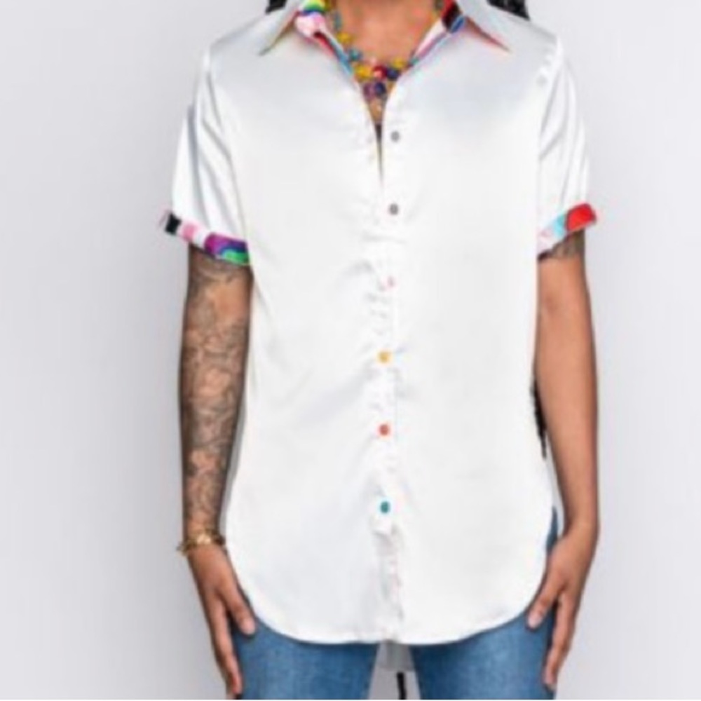 White and Colorful Button-Down Satin Shirt Small NWT